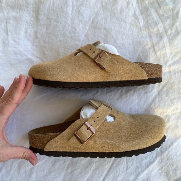 Birkenstock Boston Suede Leather Clog Slip Ons Shoes Latte Cream - Picture 3 of 9
